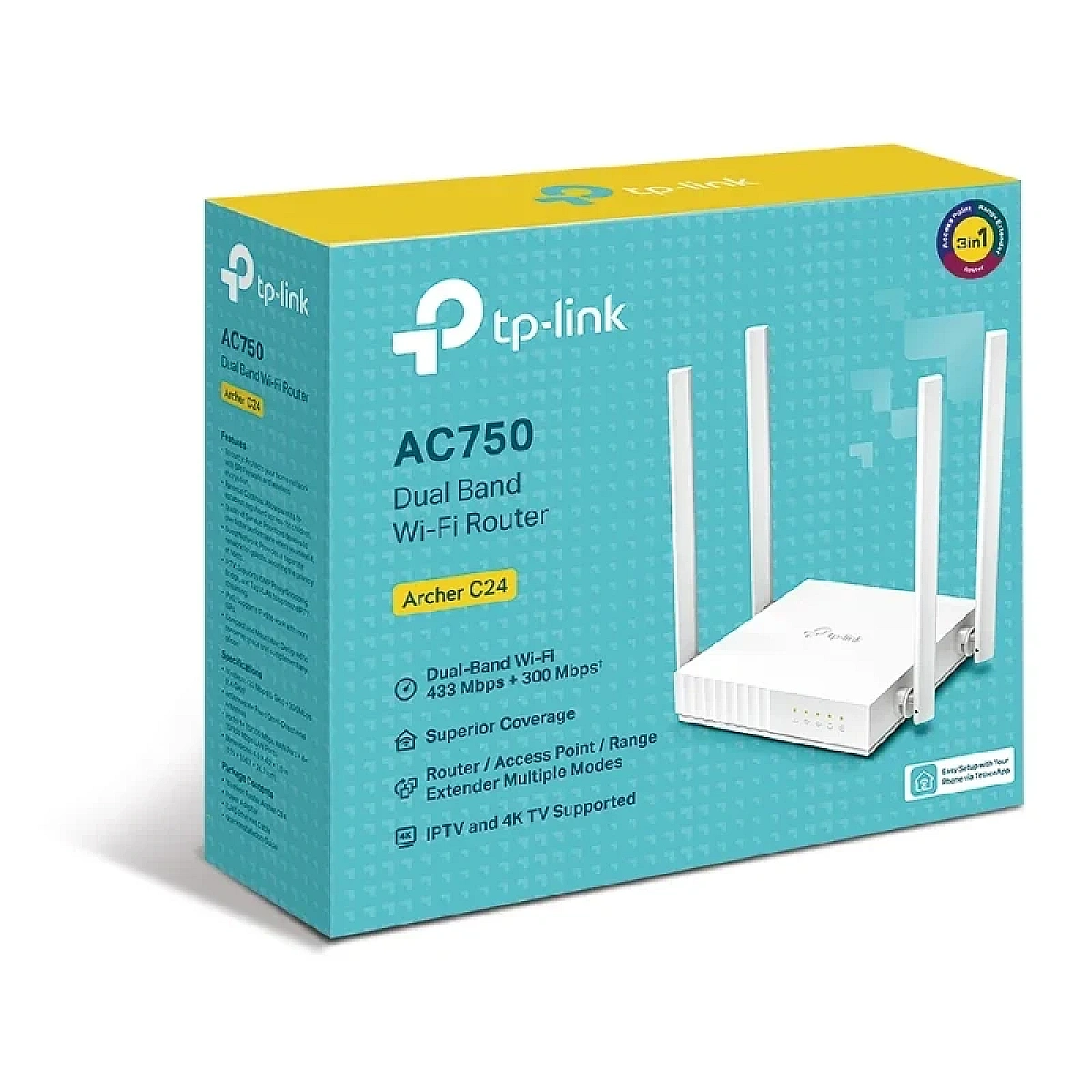 ARCHER C24 Router TP-LINK WiFi 5 AC750 dual band (5GHz/2.4GHz), hasta 750Mbps, 4 antenas, 1 puerto WAN + 4 LAN Fast, estándar 802.11ac, modo router/AP/extensor