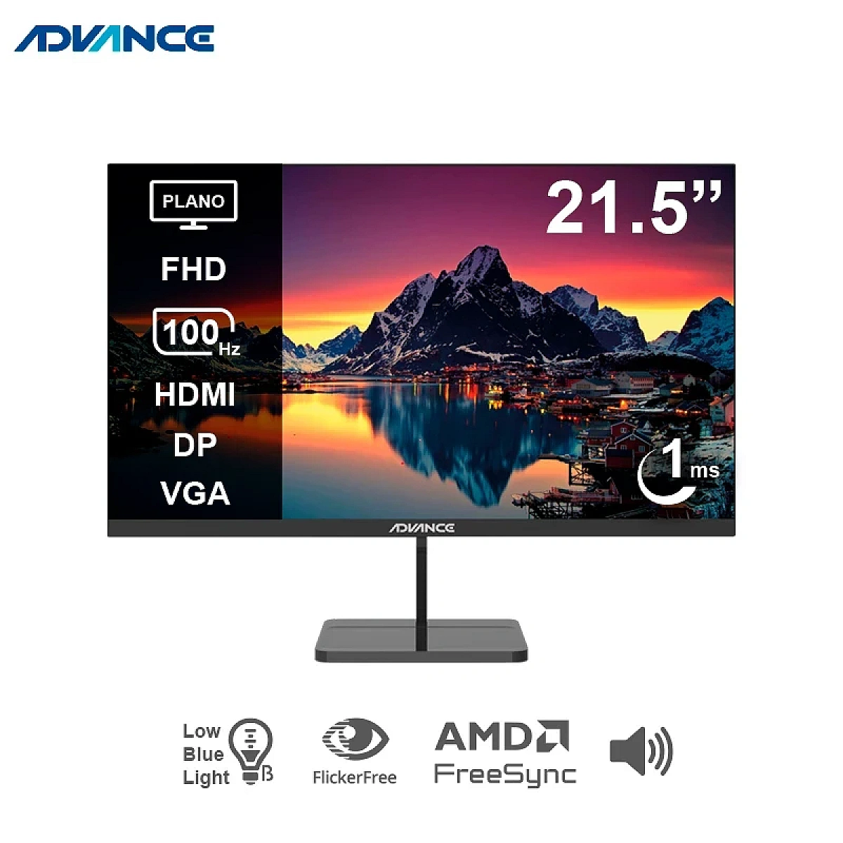 Monitor plano ADVANCE ADV-2152S, 21.5" FHD IPS, 100Hz, 1ms, HDMI, DP, Parlantes