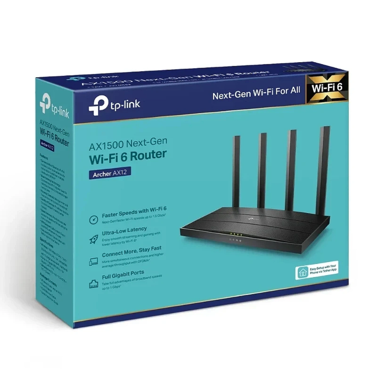 ARCHER AX12 TP-Link Router Wi-Fi 6 / AX1500 Dual Band / 5 GHz: 1201 Mbps 2.4 GHz: 300 Mbps / Puertos: 1×Gigabit WAN, 4×Gigabit LAN / OFDMA, MU-MIMO / HomeShield / App Tether