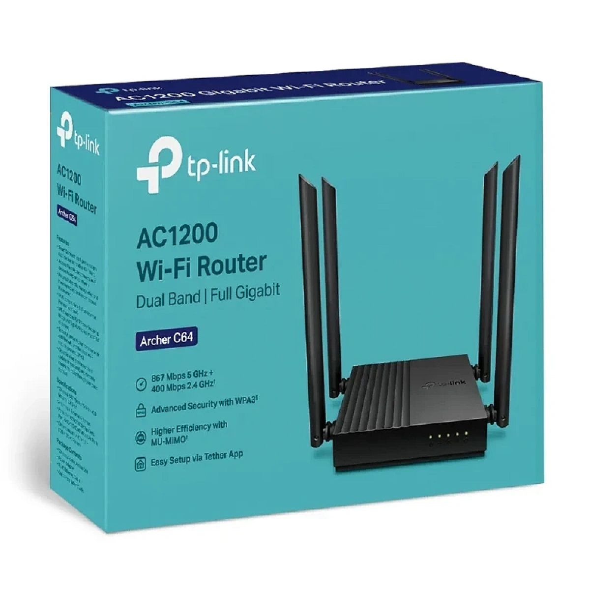 ARCHER C64 TP-Link Router Wi-Fi 5 / AC1200 Dual Band / 5 GHz: 867 Mbps 2.4 GHz: 300 Mbps / Puertos: 1×Gigabit WAN, 4×Gigabit LAN / MU-MIMO / App Tether